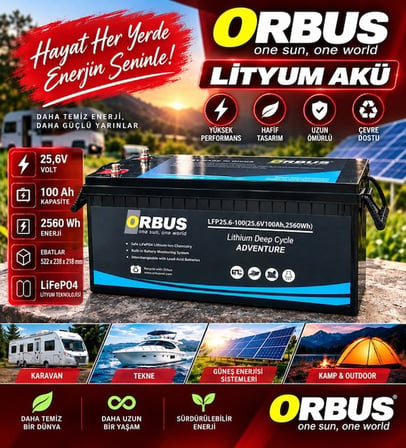 ORBUS 25,6V VOLT 100 AH (Amper) LIFEPO4 LİTYUM AKÜ EBATLAR: 522x238x218mm