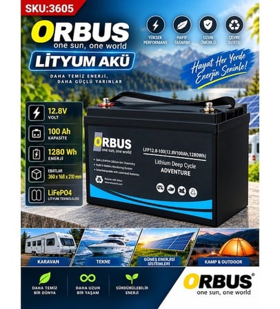 ORBUS 12,8V VOLT 100 A hAMPER LİTYUM AKÜ EBATLAR: 360x168x210mm