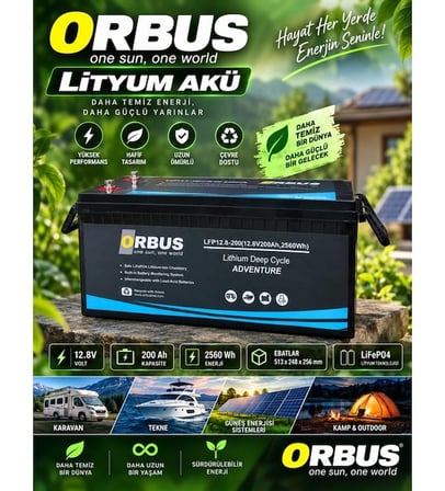 ORBUS 12,8V VOLT 200 Ah (Amper) LİTYUM AKÜ EBATLAR: 522X240X218mm