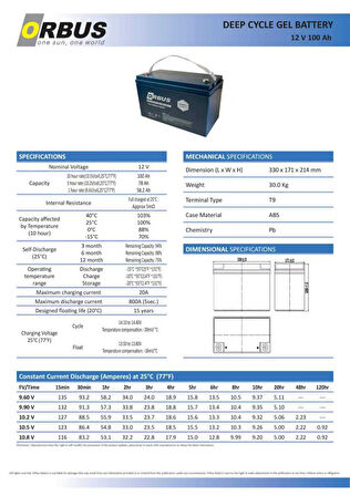 ORBUS 12 VOLT 100 AMPER JEL AKÜ - DERİN DÖNGÜ