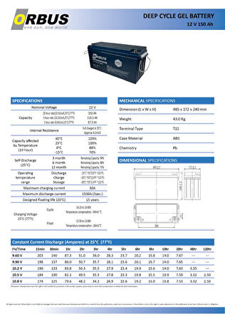 ORBUS 12 VOLT 150 AMPER JEL AKÜ - DERİN DÖNGÜ - 12 V 150 AH deep cycle