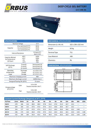 ORBUS 12 VOLT 200 AMPER JEL AKÜ DERİN DÖNGÜ - 12V 200AH DEEP CYCLE