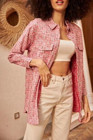 Geometrik Desenli Çift Cepli Gömlek Ceket