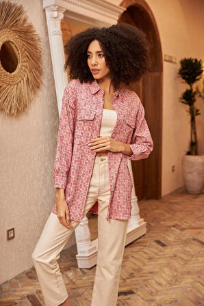 Geometrik Desenli Çift Cepli Gömlek Ceket