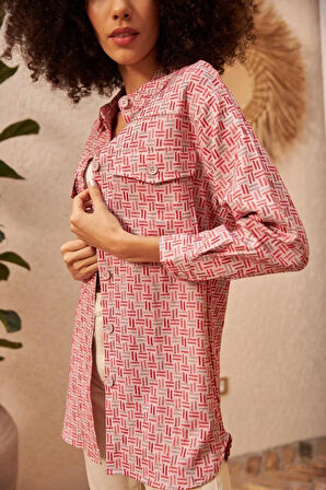 Geometrik Desenli Çift Cepli Gömlek Ceket