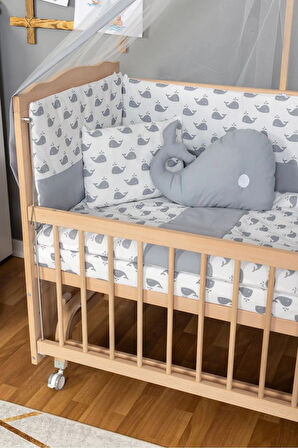 Ahşap Beşik Anne Yanı Beşik Organik (BOYASIZ) 60x120 - Gri Balina Uyku Seti Yatak Tekerlekli