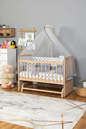 Ahşap Beşik Anne Yanı Beşik Organik (BOYASIZ) 60x120 - Gri Balina Uyku Seti Yatak