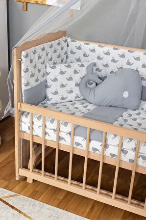 Ahşap Beşik Anne Yanı Beşik Organik (BOYASIZ) 60x120 - Gri Balina Uyku Seti Yatak