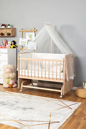 Ahşap Beşik Anne Yanı Beşik Organik (BOYASIZ) 60x120 - Krem Güpür Uyku Seti Yatak Tekerlekli