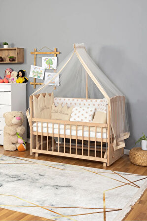 Ahşap Beşik Anne Yanı Beşik Organik (BOYASIZ) 60x120 - Krem Prenses (KIZ) Uyku Seti Yatak