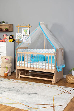 Ahşap Beşik Anne Yanı Beşik Organik (BOYASIZ) 60x120 - Mavi Balina Uyku Seti Yatak