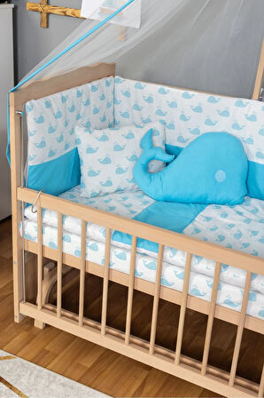Ahşap Beşik Anne Yanı Beşik Organik (BOYASIZ) 60x120 - Mavi Balina Uyku Seti Yatak