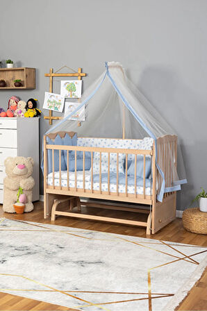 Ahşap Beşik Anne Yanı Beşik Organik (BOYASIZ) 60x120 - Mavi Prens (ERKEK) Uyku Seti Yatak