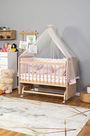 Ahşap Beşik Anne Yanı Beşik Organik (BOYASIZ) 60x120 - Pembe Balina Uyku Seti Yatak Tekerlekli