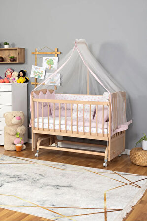 Ahşap Beşik Anne Yanı Beşik Organik (BOYASIZ) 60x120 - Pembe Prenses Uyku Seti Yatak Tekerlekli