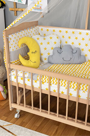 Ahşap Beşik Anne Yanı Beşik Organik (BOYASIZ) 60x120 - Sarı Yıldız Uyku Seti Yatak Tekerlekli