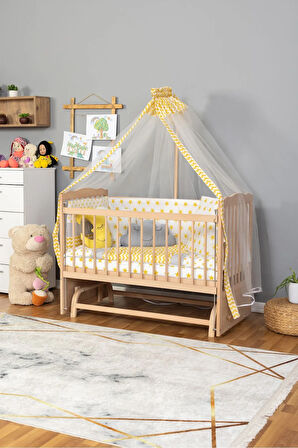 Ahşap Beşik Anne Yanı Beşik Organik (BOYASIZ) 60x120 - Sarı Yıldız Uyku Seti Yatak