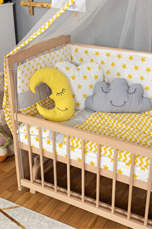 Ahşap Beşik Anne Yanı Beşik Organik (BOYASIZ) 60x120 - Sarı Yıldız Uyku Seti Yatak