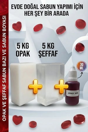 5 KG Opak + 5 KG Şeffaf Sabun Bazı ve Kırmızı Sabun Boyası Seti – Hobi ve El Yapımı Sabun Seti