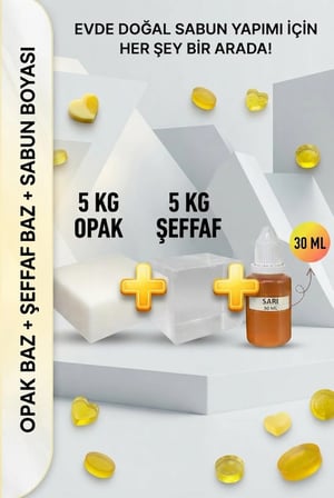 5 KG Opak + 5 KG Şeffaf Sabun Bazı ve Sarı Sabun Boyası Seti – Hobi ve El Yapımı Sabun Seti