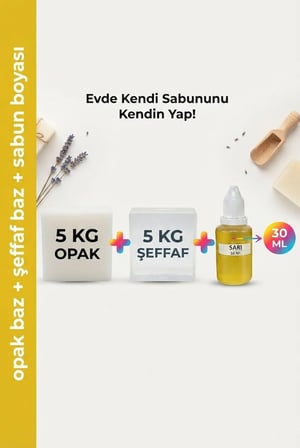 5 KG Opak + 5 KG Şeffaf Sabun Bazı ve Sarı Sabun Boyası Seti – Hobi ve El Yapımı Sabun Seti