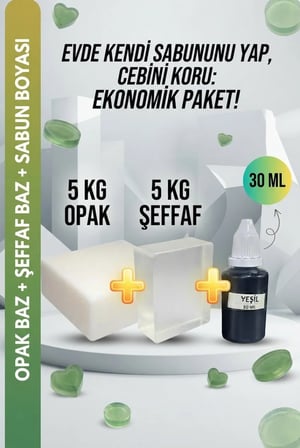 5 KG Opak + 5 KG Şeffaf Sabun Bazı ve Yeşil Sabun Boyası Seti – Hobi ve El Yapımı Sabun Seti