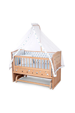 Ahşap Beşik Anne Yanı Beşik Organik (BOYASIZ) 60x120 - Mavi Yıldız Tek Yastıklı Uyku Seti Yatak