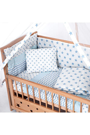 Ahşap Beşik Anne Yanı Beşik Organik (BOYASIZ) 60x120 - Mavi Yıldız Tek Yastıklı Uyku Seti Yatak