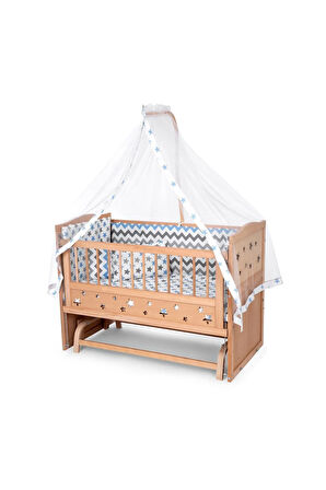 Ahşap Beşik Anne Yanı Beşik Organik (BOYASIZ) 60x120 - Mavi Yıldız Çift Yastıklı Uyku Seti Yatak