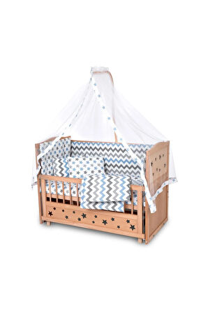 Ahşap Beşik Anne Yanı Beşik Organik (BOYASIZ) 60x120 - Mavi Yıldız Çift Yastıklı Uyku Seti Yatak