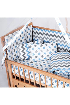 Ahşap Beşik Anne Yanı Beşik Organik (BOYASIZ) 60x120 - Mavi Yıldız Çift Yastıklı Uyku Seti Yatak