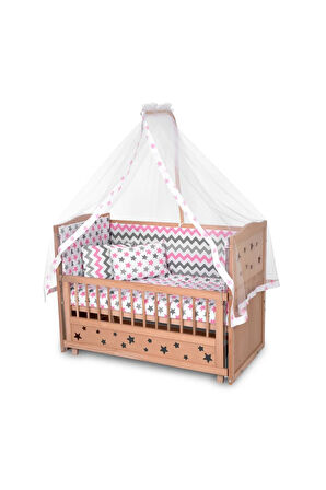 Ahşap Beşik Anne Yanı Beşik Organik (BOYASIZ) 60x120 - Pembe Yıldız Çift Yastıklı Uyku Seti Yatak