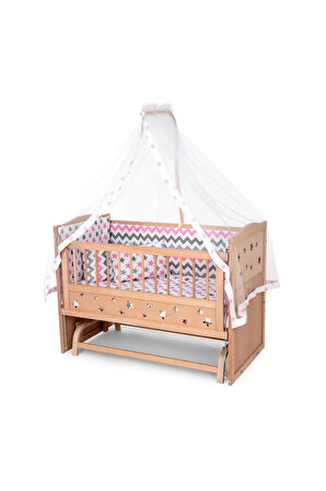 Ahşap Beşik Anne Yanı Beşik Organik (BOYASIZ) 60x120 - Pembe Yıldız Çift Yastıklı Uyku Seti Yatak