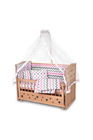 Ahşap Beşik Anne Yanı Beşik Organik (BOYASIZ) 60x120 - Pembe Yıldız Çift Yastıklı Uyku Seti Yatak