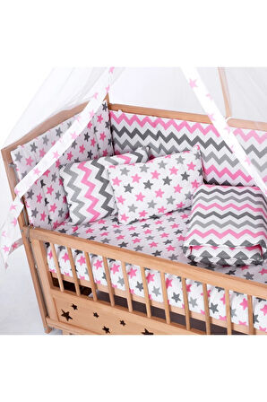 Ahşap Beşik Anne Yanı Beşik Organik (BOYASIZ) 60x120 - Pembe Yıldız Çift Yastıklı Uyku Seti Yatak