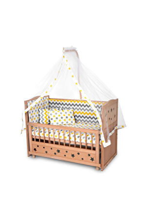 Ahşap Beşik Anne Yanı Beşik Organik (BOYASIZ) 60x120 - Sarı Yıldız Çift Yastıklı Uyku Seti Yatak