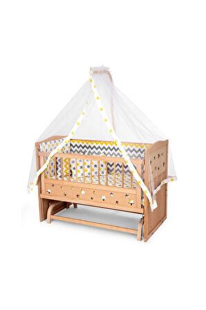 Ahşap Beşik Anne Yanı Beşik Organik (BOYASIZ) 60x120 - Sarı Yıldız Çift Yastıklı Uyku Seti Yatak