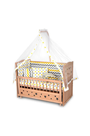 Ahşap Beşik Anne Yanı Beşik Organik (BOYASIZ) 60x120 - Sarı Yıldız Çift Yastıklı Uyku Seti Yatak
