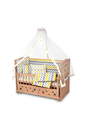 Ahşap Beşik Anne Yanı Beşik Organik (BOYASIZ) 60x120 - Sarı Yıldız Çift Yastıklı Uyku Seti Yatak