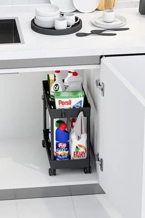 Siyah 2 Katlı Tekerlekli Düzenleyici Mutfak ve Banyo Rafı