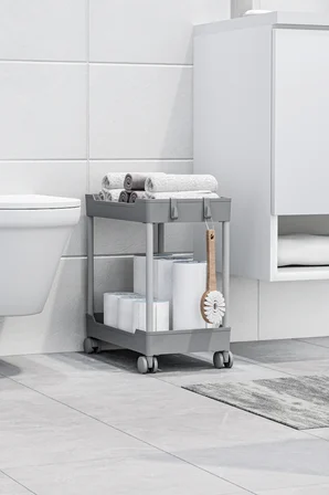 Gri 2 Katlı Tekerlekli Düzenleyici Mutfak ve Banyo Rafı