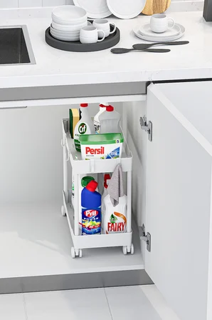Beyaz 2 Katlı Tekerlekli Düzenleyici Mutfak ve Banyo Rafı