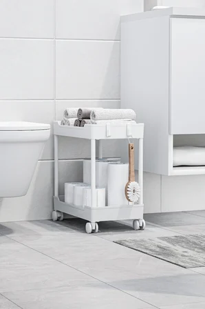 Beyaz 2 Katlı Tekerlekli Düzenleyici Mutfak ve Banyo Rafı