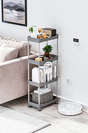 Gri 4 Katlı Tekerlekli Düzenleyici Mutfak ve Banyo Rafı Vesken