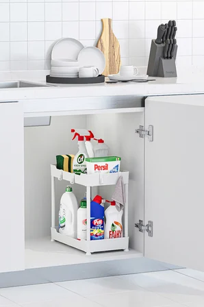 2 Adet Beyaz 2 Katlı Düzenleyici Mutfak ve Banyo Rafı