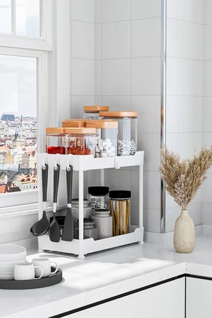 2 Adet Beyaz 2 Katlı Düzenleyici Mutfak ve Banyo Rafı
