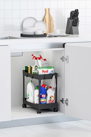 2 Adet Siyah 2 Katlı Tekerlekli Düzenleyici Mutfak ve Banyo Rafı