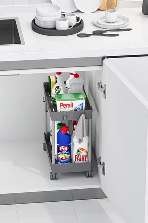 2 Adet Gri 2 Katlı Tekerlekli Düzenleyici Mutfak ve Banyo Rafı