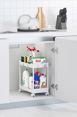 2 Adet Beyaz 2 Katlı Tekerlekli Düzenleyici Mutfak ve Banyo Rafı