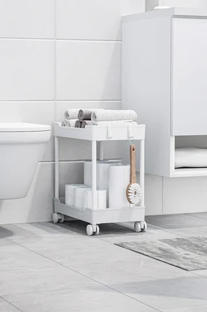 2 Adet Beyaz 2 Katlı Tekerlekli Düzenleyici Mutfak ve Banyo Rafı